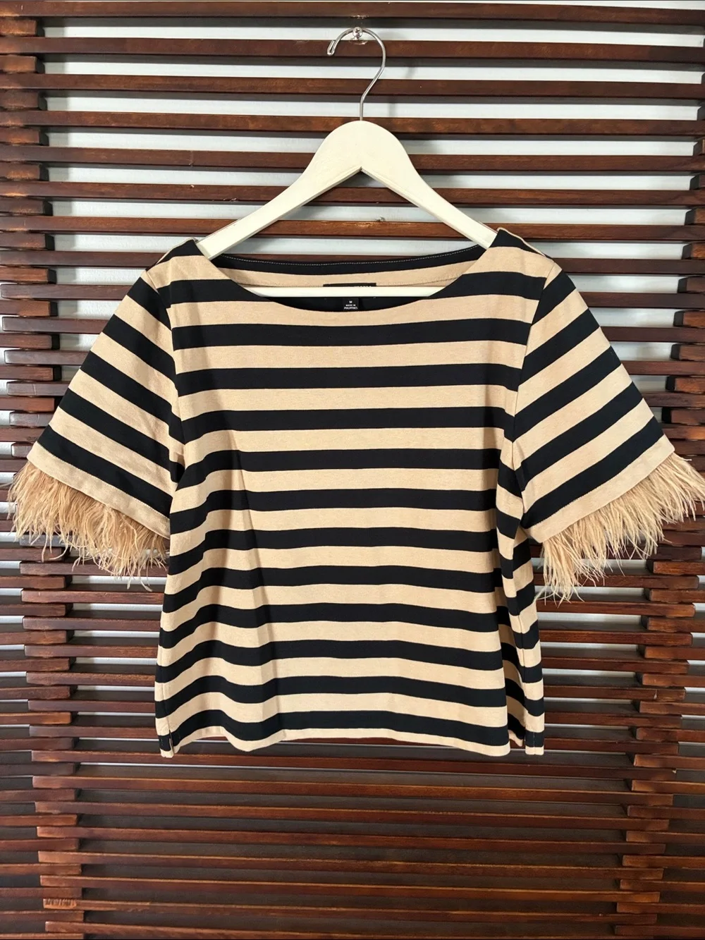 🎉NEW LISTING!🎉J. Crew Black and Beige Striped Short Sleeve Top with Feather Trim
